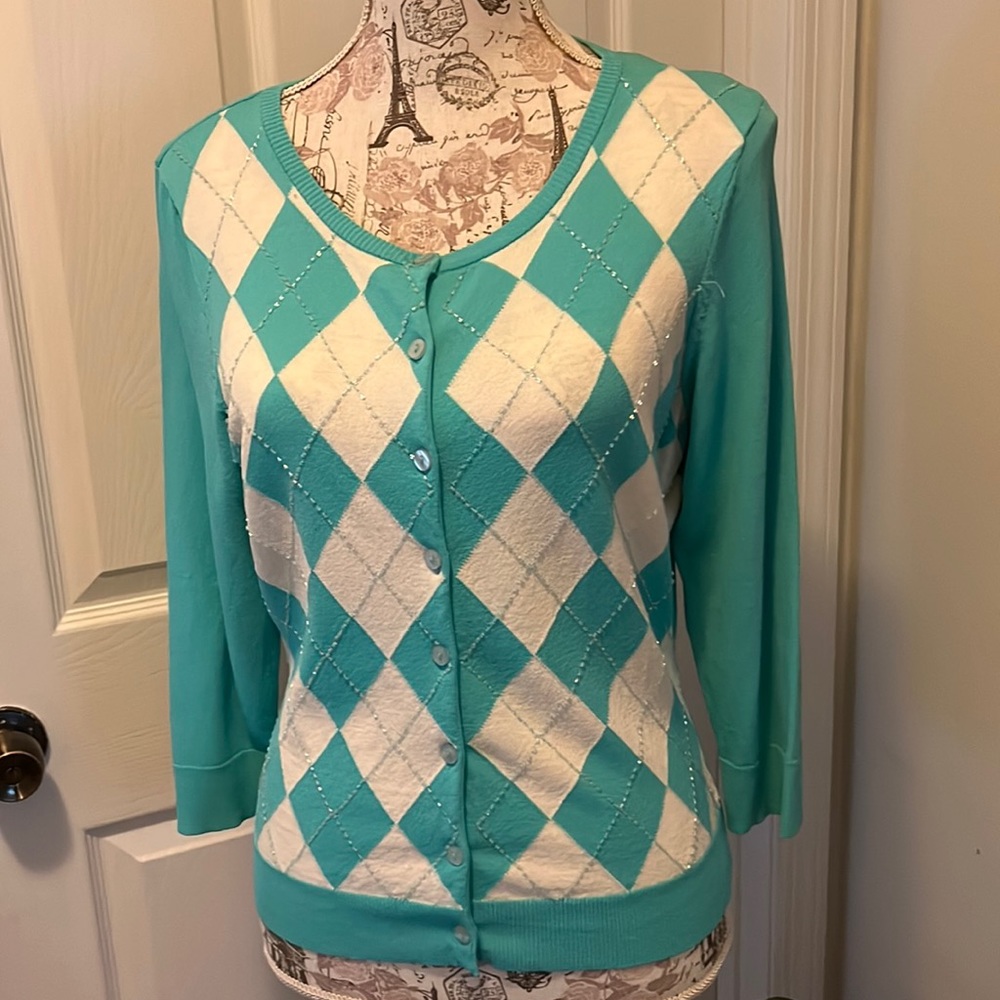 INC turquoise and white, Pringle inspired cardigan